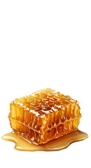 Isolated Realistic Honeycomb With Golden Honey Dripping