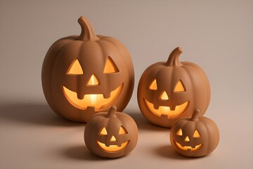 Warm studio scene with four glowing jack-o -lanterns of different sizes, minimalist beige background, cozy Halloween mood with soft candlelight.