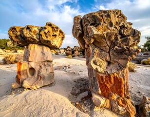 Two weathered, naturally formed rock columns against a cloudy sky