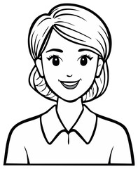 Smiling woman cartoon in black and white portrait illustration.