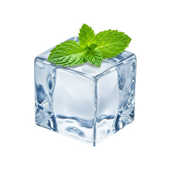 Isolated realistic ice cube with mint leaf top view
