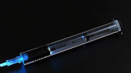 Syringe with glowing blue liquid representing medical innovation - Powered by Adobe