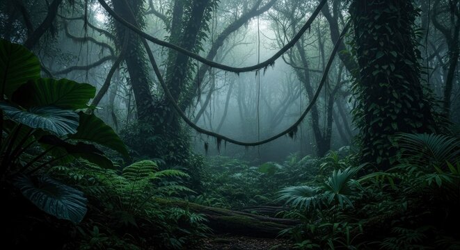 Ethereal Misty Jungle Forest with Dense Green Vines and Tropical Foliage