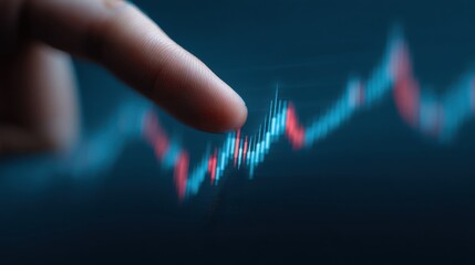 A hand is pointing at a graph with red and blue lines