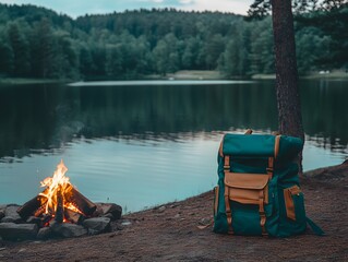 Scenic Lakeside Camping, Backpack by Campfire