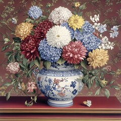 Vibrant Floral Bouquet in Blue and White Porcelain Vase