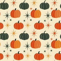 Seamless retro pumpkin pattern with starburst motifs in orange and green on a cream background. Midcentury fall design for textiles, wrapping, and wallpaper.