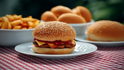 Juicy cheeseburgers with crispy fries, summer picnic vibes on checkered tablecloth, backyard barbecue setting with fresh bread rolls