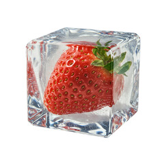 Isolated Realistic Image of Strawberry Frozen Inside Ice Cube