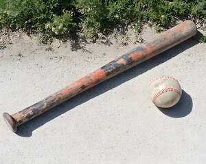 Old Baseball Bat and Ball on Ground Outdoors