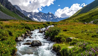 Obraz premium Valley with a flowing river, mountains, green hills, and a bright blue sky