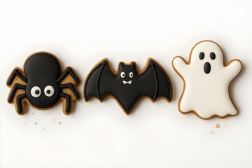 Three Halloween sugar cookies shaped as spider, bat, and ghost, decorated with black and white icing on a clean white background with small crumbs, cute spooky vibe, top view.