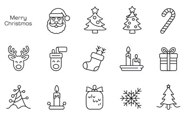 Thin line Xmas icons collection featuring ornaments, gifts, trees, and holiday celebration elements
