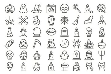 Set of 40 Halloween line icons in minimal style, black on white, including pumpkin, ghost, skull, bat, spider, coffin, tombstone, candle, candy, witch hat, moon owl haunted house