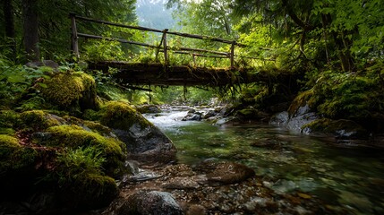 A crystal-clear mountain stream flowing beneath an old wooden footbridge surrounded by green moss