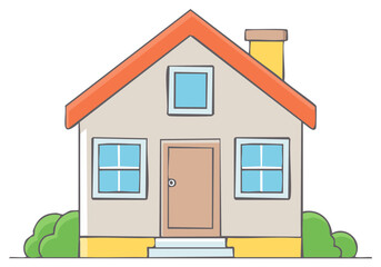 Simple hand drawn illustration of a residential house with an orange roof and chimney