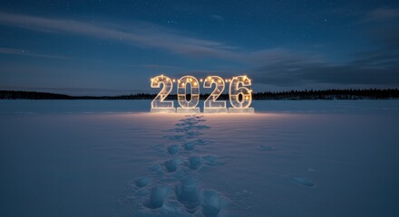 New Year's Eve Lights: A luminous display of the year 2026 shines brightly against the twilight sky, a beacon of hope and anticipation amidst a serene, snow-covered landscape. 