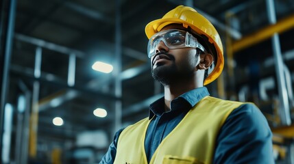 Construction worker in safety gear industrial site portrait photography warehouse environment close-up viewpoint professionalism concept to inspire safety