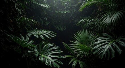Fototapeta premium Dramatic Dark Tropical Foliage Background with Lush Green Jungle Leaves