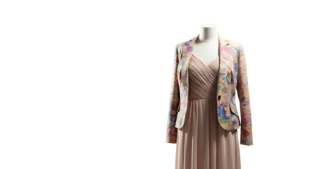 Photo of a beige dress and embellished jacket on mannequin