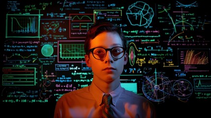 Study with AI helper, A focused young student stands in front of a colorful, illuminated wall filled with mathematical equations and scientific diagrams
