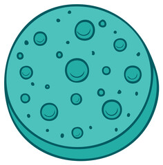 Vibrant teal colored alien planet or moon with circular indentations cartoon illustration