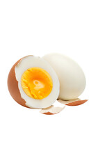 Photo of a peeled hard boiled egg and a halved egg yolk yellow