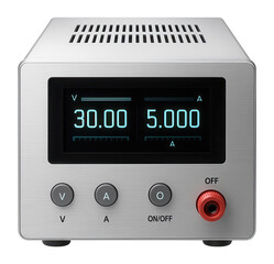 Fototapeta premium Digital display linear power supply for home office, showing real-time voltage and current.