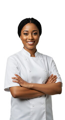 Photo of a smiling Black woman chef in white uniform with arms crossed