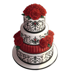 Photo of a tiered wedding cake with red roses and black filigree