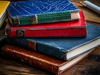 Stack of Vintage Leather Bound Books on Wooden Desk