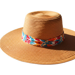 Photo of a wide-brimmed straw hat with colorful band