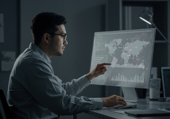 A professional man is deeply focused while working at his computer, surrounded by a dimly lit workspace.