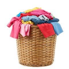 Photo of a Wicker Basket Overflowing with Colorful Clothes Isolated
