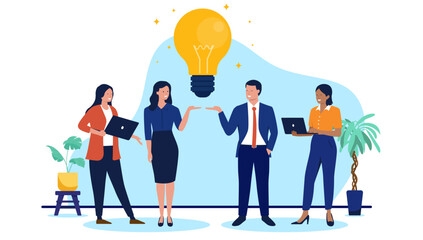 A diverse business team of businesspeople stands together, presenting a big idea symbolised by a glowing lightbulb while smiling in flat design vector illustration style on white background