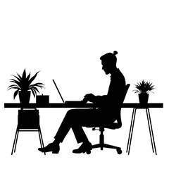 silhouette of a man working on a laptop at a minimalist desk surrounded by plants