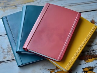 Stylish Teal, Pink, and Mustard Yellow Notebooks Stacked on Wooden Table