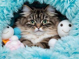 Adorable Fluffy Cat Relaxing in Cozy Blue Bed with Toys