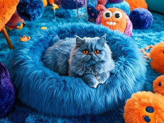 Adorable Blue Persian Kitten in Fuzzy Blue Bed with Colorful Toys