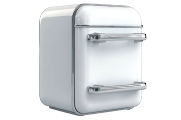 Glossy white miniature fridge with chrome accents against a dark background