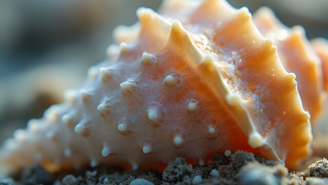 Closeup Spiky Seashell on Beach Sand Macro Photography
