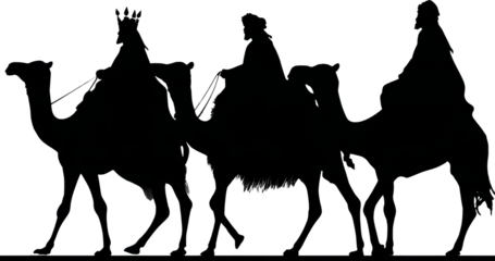 Solemn silhouette of three wise man on camel christmas journey