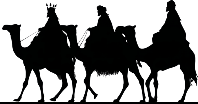 Solemn silhouette of three wise man on camel christmas journey