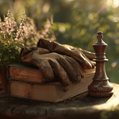 A symbolic still life of timeless objects: a well-used book, gardening gloves, and a chess piece in warm golden light.