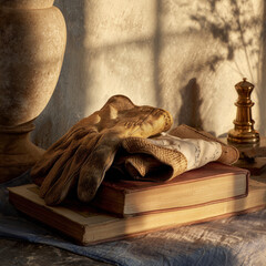 A symbolic still life of timeless objects: a well-used book, gardening gloves, and a chess piece in warm golden light.
