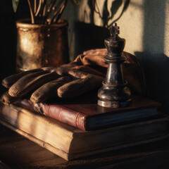A symbolic still life of timeless objects: a well-used book, gardening gloves, and a chess piece in warm golden light.