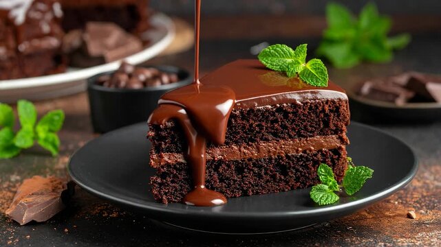 Rich chocolate sauce pouring over a delicious slice of layered chocolate cake garnished with fresh mint.
