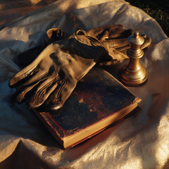 A symbolic still life of timeless objects: a well-used book, gardening gloves, and a chess piece in warm golden light.