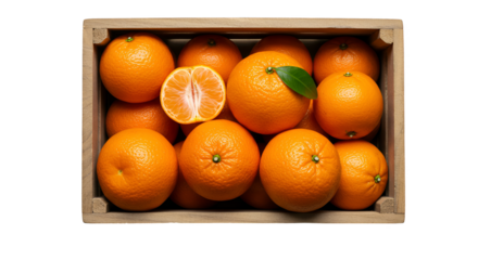 Photo of Oranges in a Wooden Crate with One Cut Open
