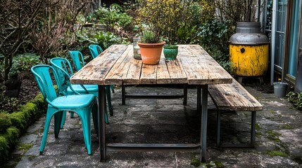 Rustic Wooden Garden Table with Teal Metal Chairs and Bench